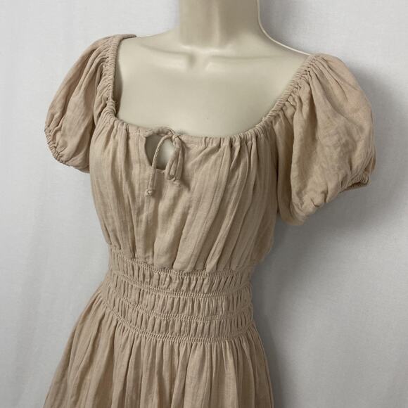 Vtg Poof Dress Womens Large Beige Tan Smocked Gauzy Milkmaid Peasant Babydoll - Picture 2 of 13